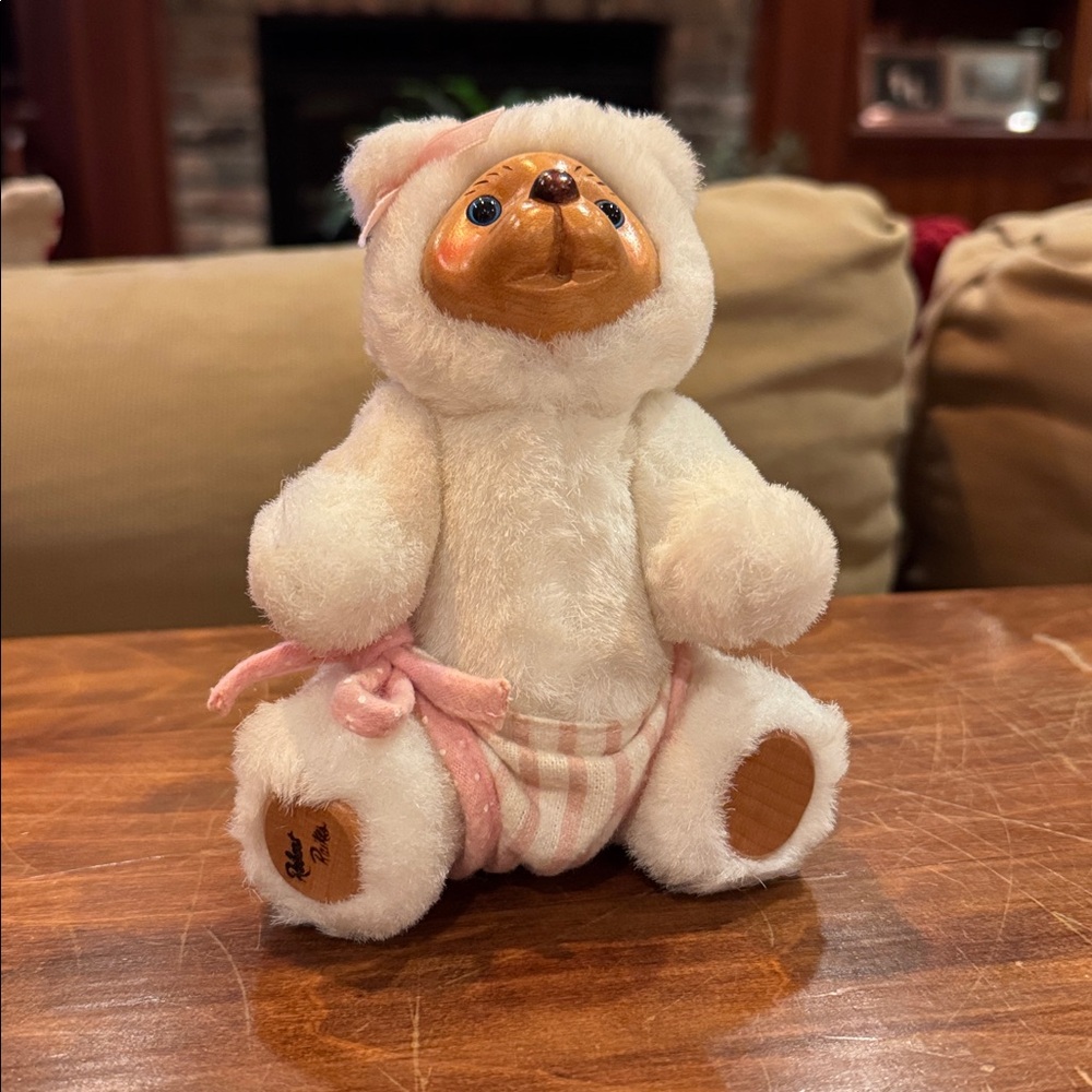 RARE Vintage Robert Raikes White Bear Stuffed Animal Carved Wood Face Paws 1990